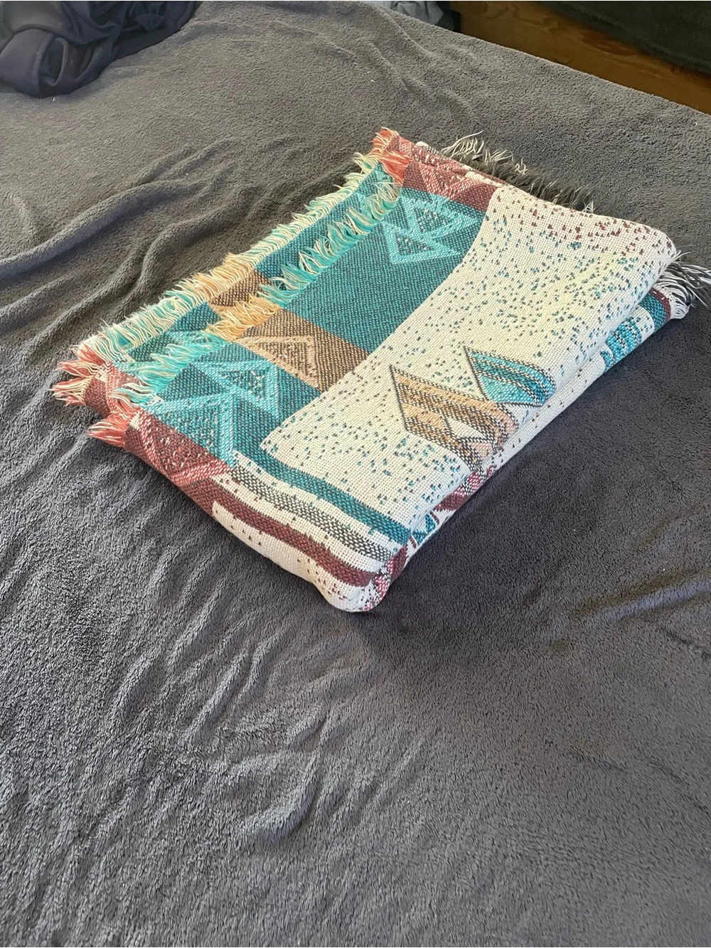 Southwestern Stripe Woven Throw Blanket in Teal, Rust & Brown